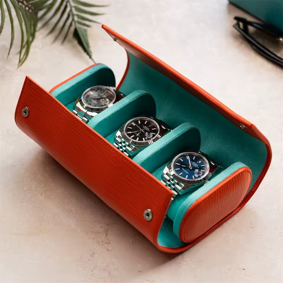 Rokxor Travel Roll Triple Watch Case Orange Textured Leather